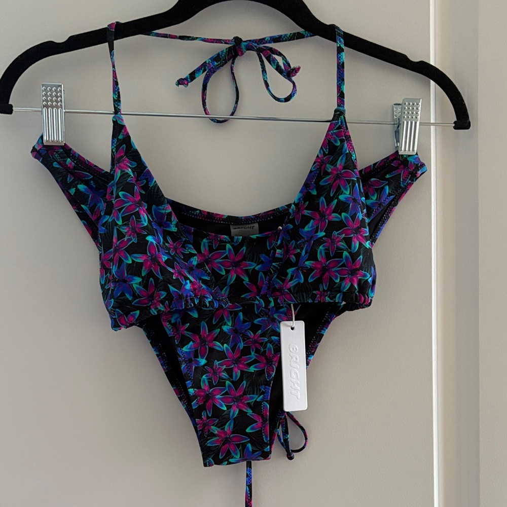 Floral Tie-Halter Bikini Top and Bottom - Black with Teal & Magenta Flowers